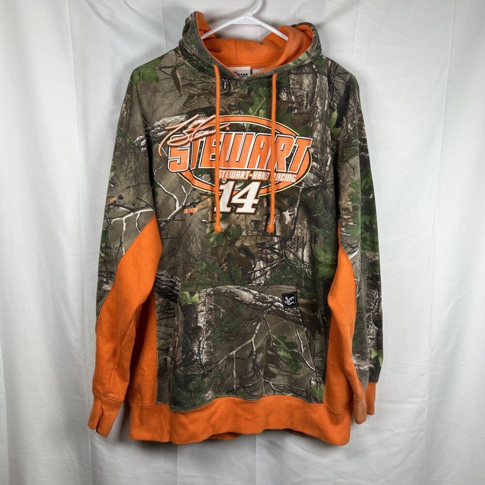 Chase Tony Stewart NASCAR Hoodie Men’s Large Orange Camo Pullover Sweater Hooded